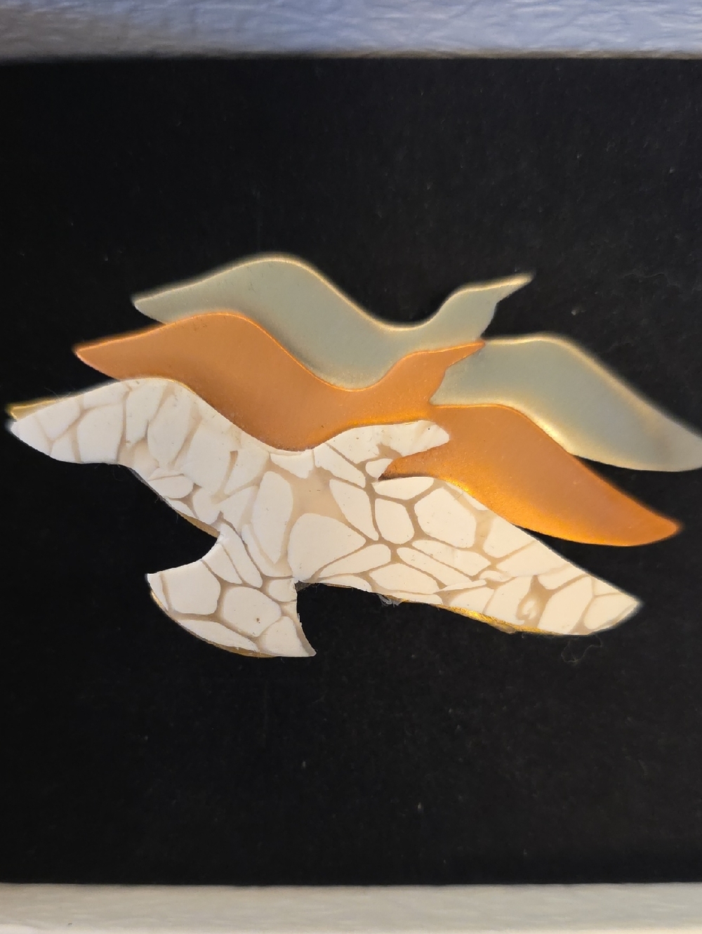 Artisanal Geese Flying Bird Mixed Metals Brooch Pin Folk Art Mosaic Signed EUC